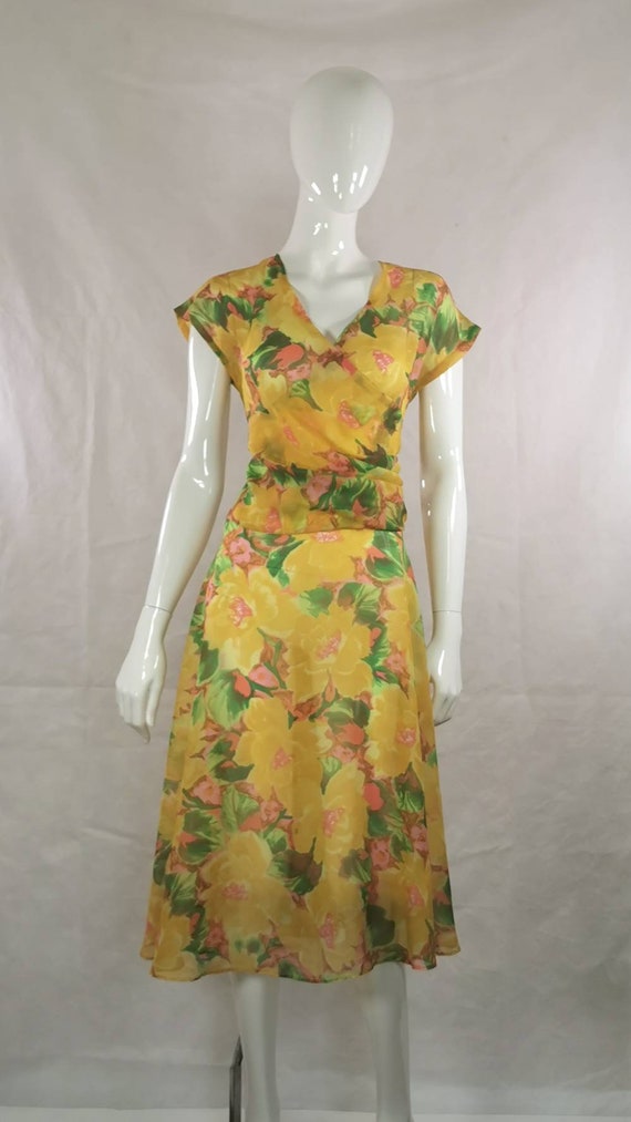 80s vintage sheer floral yellow dress - yellow wr… - image 4