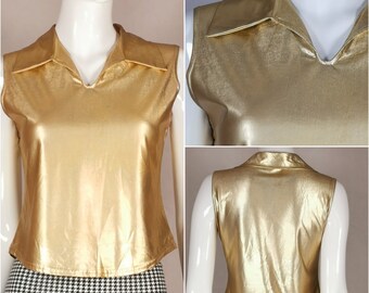 90s vintage gold stretch party top - gold metallic evening shirt - gold shiny disco top - gold colour evening sleeveless top 12 - m