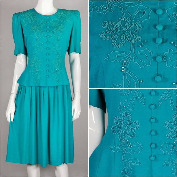 80er vintage grünes kleid für festliche tage - besticktes perlenbesticktes kleid - bescheidenes klassisches kleid - hochzeits taufgast jacke kleid 10-er jahre