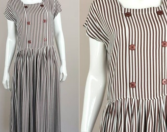 80s vintage striped midi dress - tie back long brown white stripe sundress - square neck casual summer dress - m/l