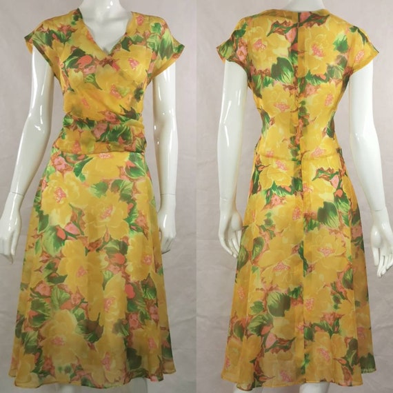 80s vintage sheer floral yellow dress - yellow wr… - image 8