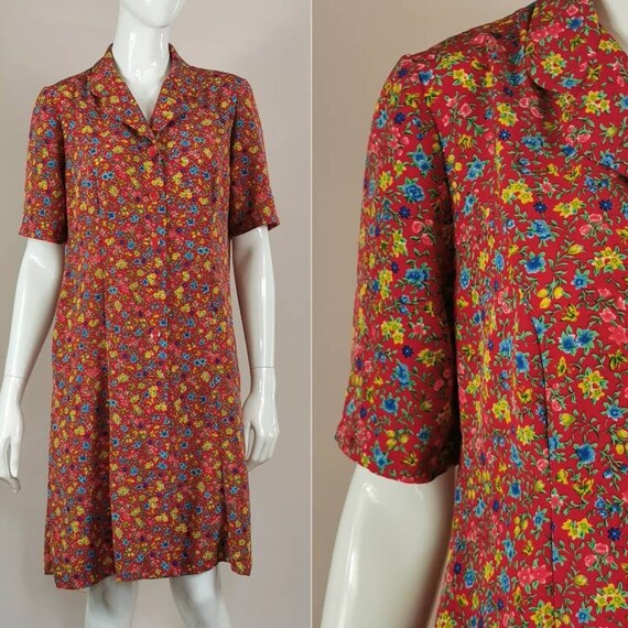 80s Vintage Red Blue Button Down Tea Dress Flowery Short Sleeve Knee Length Dress Ditsy Garden Party Summery Dress Made in France L Etsy Ireland