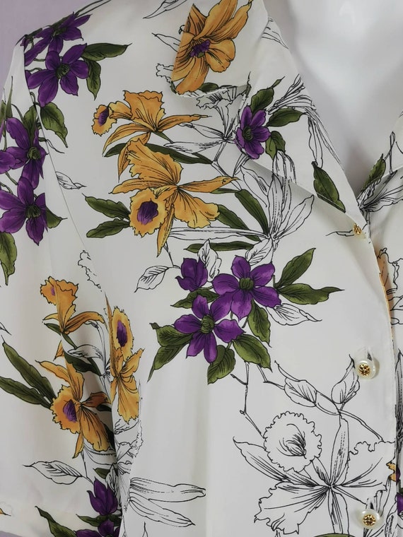 80s vintage yellow purple floral blouse - short s… - image 2