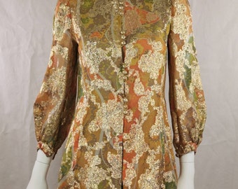 60s vintage silk gold print blouse - long sleeve psy mod shirt - gold evening party top - swinging sixties clothing - brocade blouse - xs