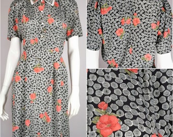 80s vintage pretty fit flare tea dress - red floral knee dress - button down dress - tea party garden dress - short sleeve dress - s 10