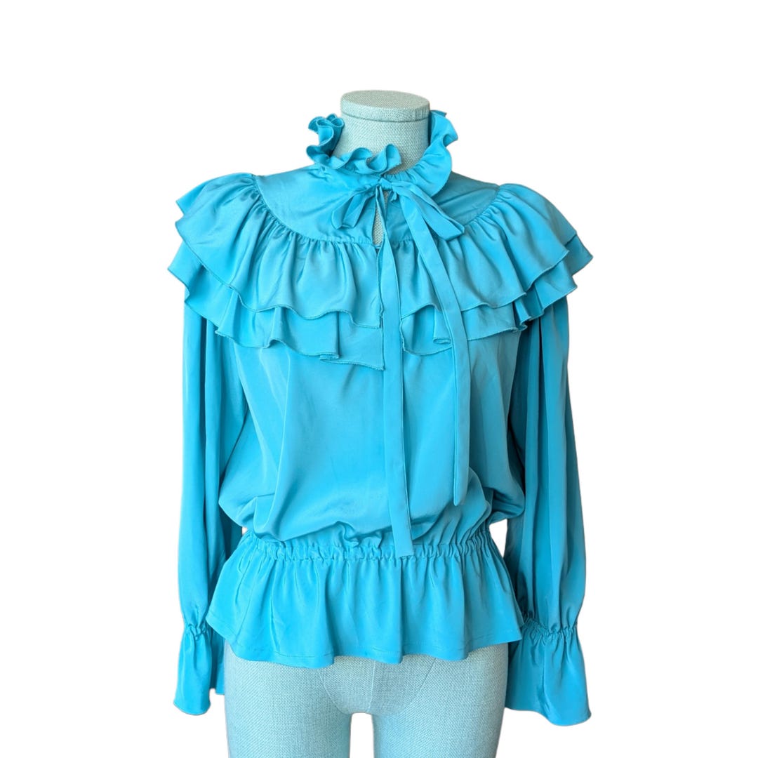 80s Turquoise Ruffle Peplum Blouse: Vintage Tie Neck Party Top - Etsy