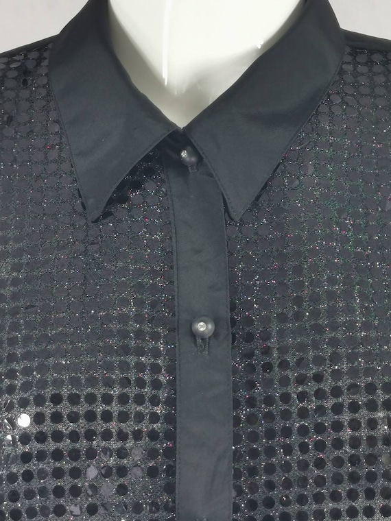 80s vintage long sleeve black sequin blouse - gli… - image 2