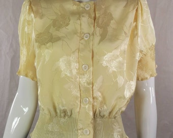 80s vintage satin lemon blouse - pale yellow summer top - floral yellow short sleeve shirt - pastel yellow spring summer blouse - s
