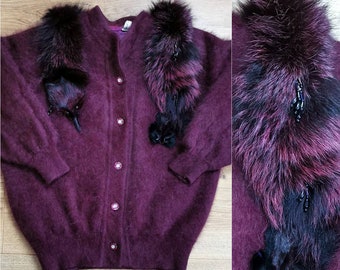 80s vintage real fox fur stole jacket - 40s style wool sweater - button down angora cardigan - wine maroon fur coat - fur jumper - m