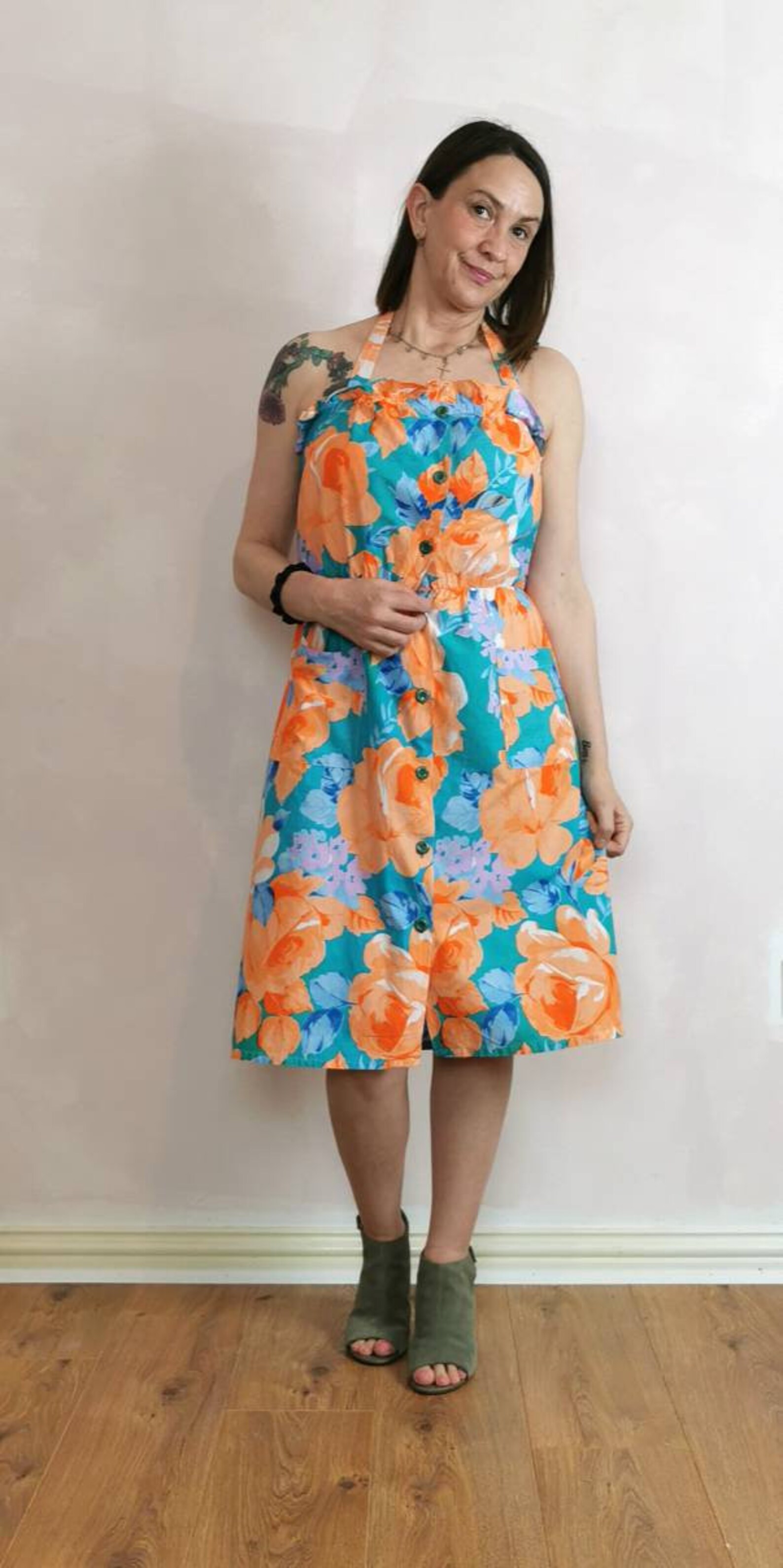 Halterneck dress orange floral dress 80s vintage cotton dress Etsy