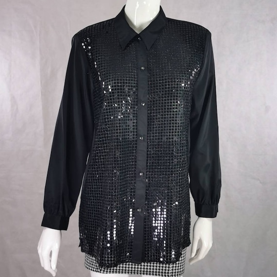 80s vintage long sleeve black sequin blouse - gli… - image 1