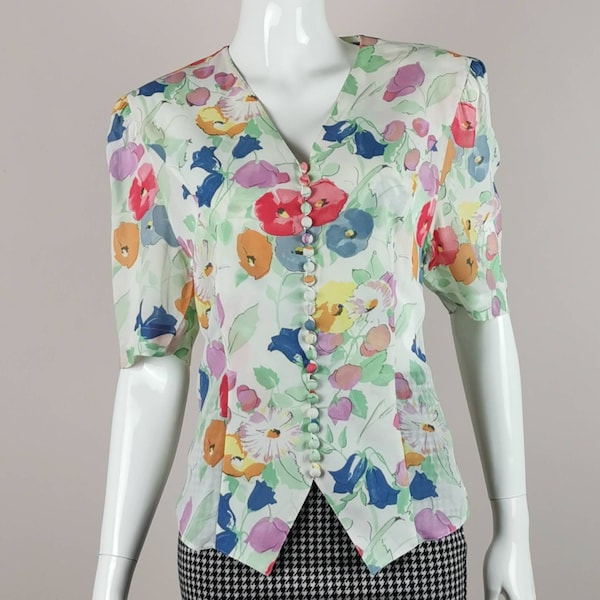 90s vintage chiffon floral blouse - sheer flower print short sleeve blouse - wildflower blouse - s