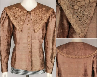 80s vintage elegant bronze pure silk blouse - brown soft sheen bishop sleeve embroidered blouse - luxury occasion silk top shirt - m-l 14-16