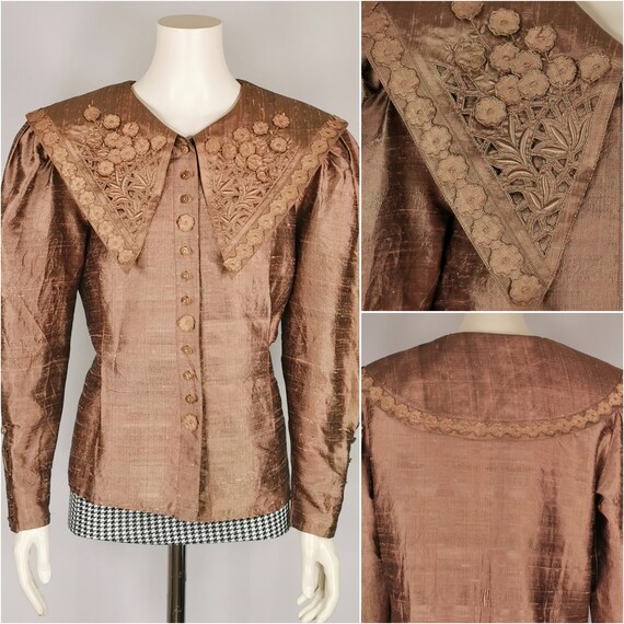 80s vintage elegant bronze pure silk blouse - bro… - image 1