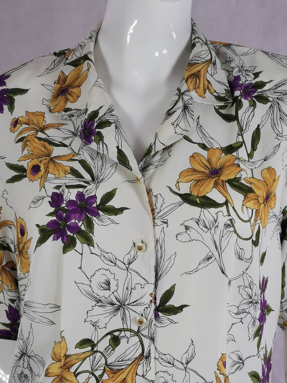 80s vintage yellow purple floral blouse - short s… - image 3