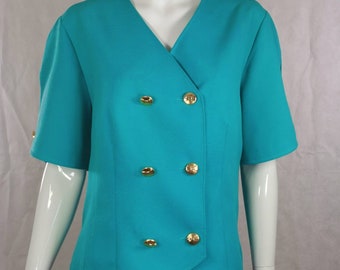 80s vintage aqua blaue kurzärmlige Jacke - besondere Anlässe Hochzeit Outfit - goldene Schleifen Knöpfe ausgefallene elegante Jacke - Pastell Mantel - l