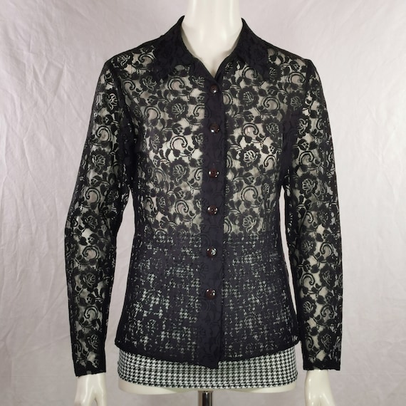 Buy 90s Vintage Black Floral Lace Shirt Flowery Sheer Lace Blouse 
