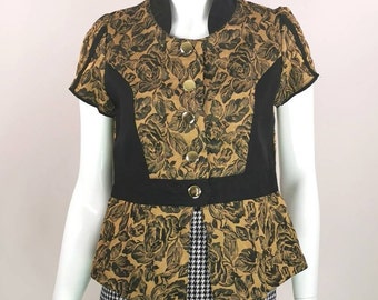 80s vintage gold black floral print peplum blouse - 40s style button down fitted top - pinup evening party top - m