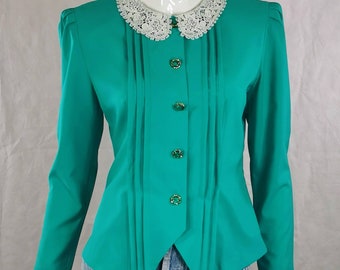 80s vintage lace collar blouse - green long sleeve blouse - occasion evening top - boho victorian style shirt - lady like button blouse - s