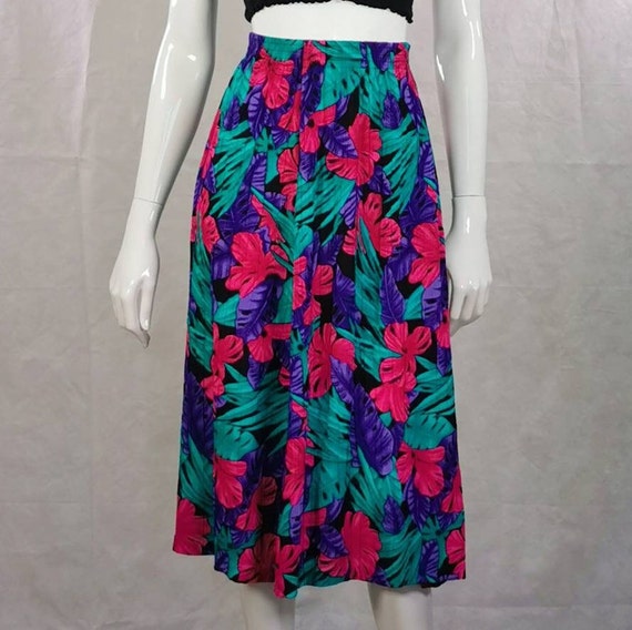 90s vintage pink purple leaf print midi skirt - s… - image 1