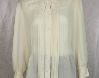 80s vintage embroidered lace collar blouse - sheer long sleeve romantic blouse - dollette top - ivory cream bohemian shirt - m - l