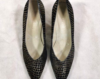 90er Jahre Vintage schwarz-goldene Schlangenhautschuhe - Partyschuhe mit Animal-Print - schicke formelle Schuhe für Anlässe - Büro-Hochzeitsgast-Abendschuhe UK5,5