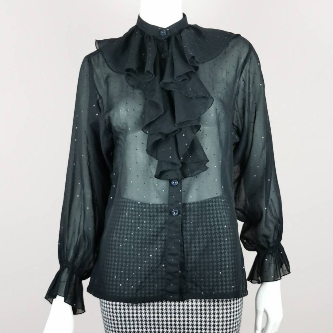 大特価市 80s Vintage Dereta London Sheer Black Frilly Neck Blouse トップス