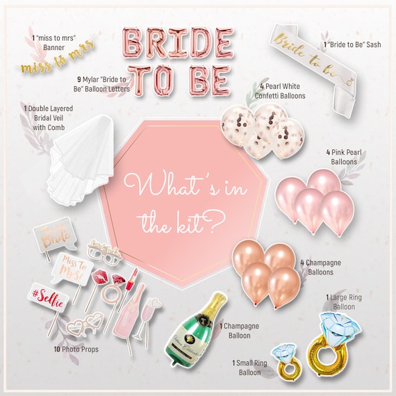 Bachelorette Party Decorations KIT, Bridal Shower Set, Bride to be Sash,  Veil/Comb, Banner, Balloons, Photo Booth Props, Tattoos, Drinking Game,  Straws