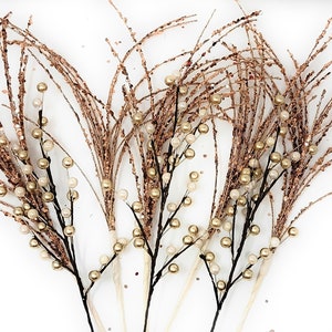 Glitter Rose Gold Grass and Champagne with Ivory Berry Picks Wreath Attachments Vase Decorations, Set of 8