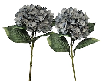Gray Slate Blue Full Stem Hydrangea Blossom (Set of 2) Great Faux Floral Vase Fill