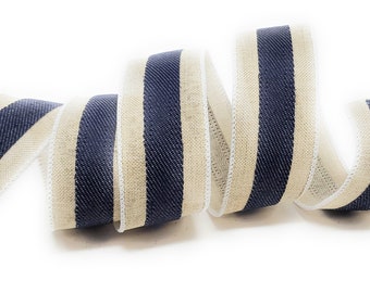1.5" Wired Ribbon Denim Blue with Creamy Tan Striped - 18 Feet (Free Shipping)