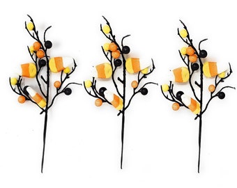 Halloween Candy Corn Black Branches Floral Picks (Set of 3)