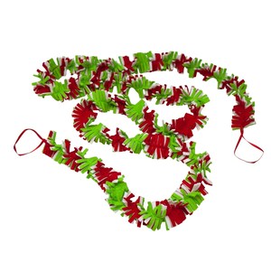 May include: A decorative garland constructed from numerous small, fringed strips of felt in alternating red, white, and lime green colors. The garland features a continuous, textured design with a thin red ribbon loop attached at each end for hanging.