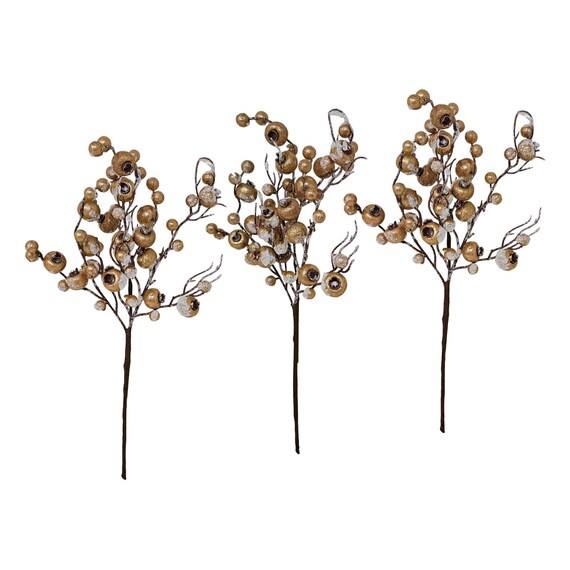 Winter Frosted Gold Berry Floral Stems Wreath Picks set of 3 