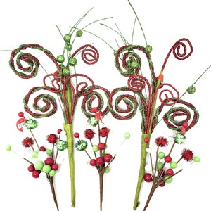 Twisted Twirl and Pom Pom Berry Red and Green Glitter Picks Wreath Attachments Vase Decorations, Set of 5