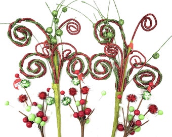 Twisted Twirl and Pom Pom Berry Red and Green Glitter Picks Wreath Attachments Vase Decorations, Set of 5