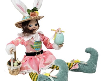 Brunette Easter Elf 18" Bunny Rabbit Shelf Sitter, Party Decor