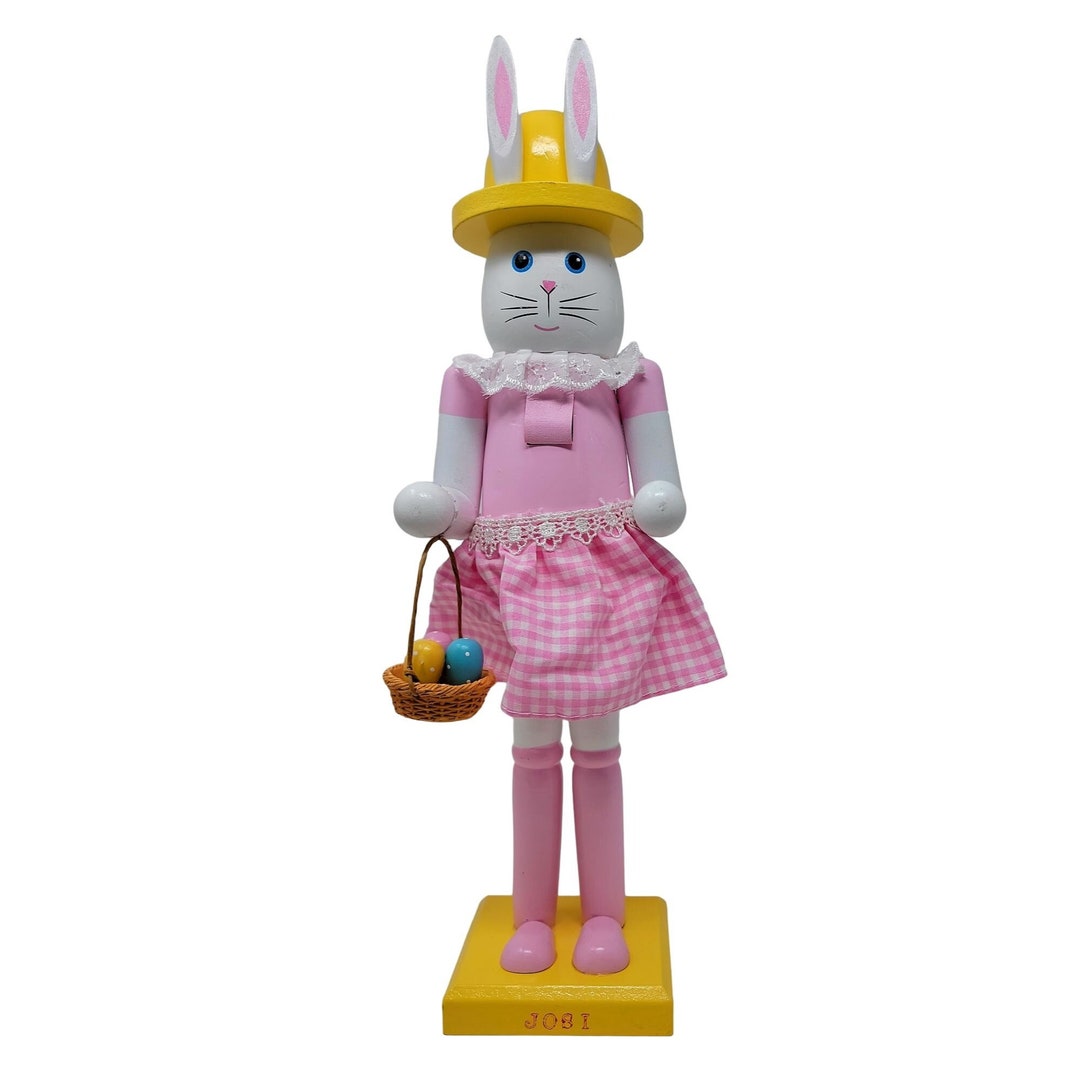 Easter Bunny 15 Nutcracker Wood Pink Gingham Girl With Basket Rabbit