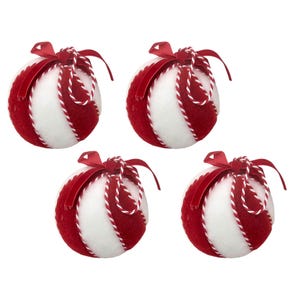 Red and White Peppermint Stripe Ball 4&quot; Christmas Tree Ornaments, Set of 4