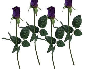 Purple Full Stem Artificial Rose Bud Blossom 25", Faux Floral Flower (Set of 4)