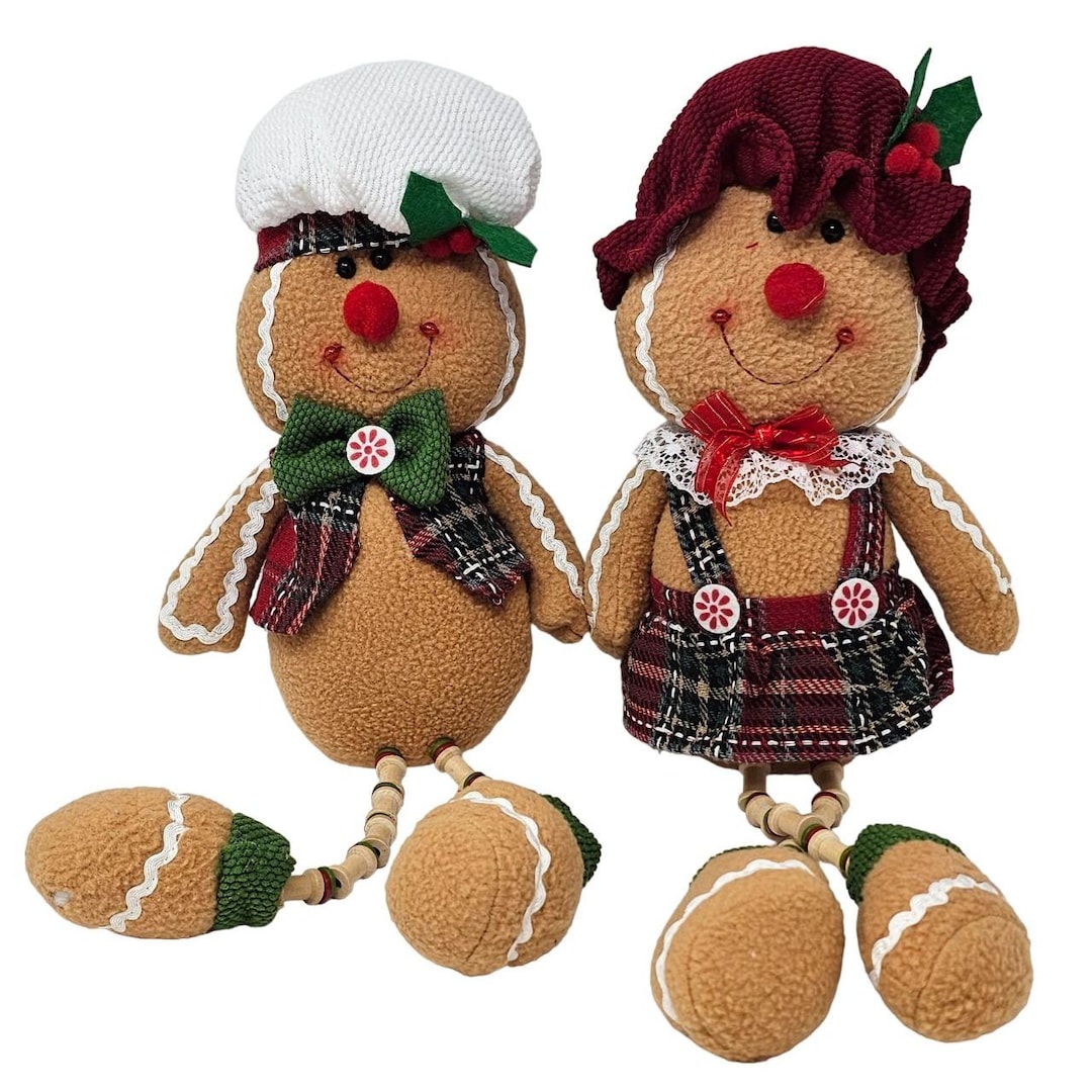 Plush 18 Gingerbread Boy and Girl Set Baker Chef Wood Spool Legs Plaid ...