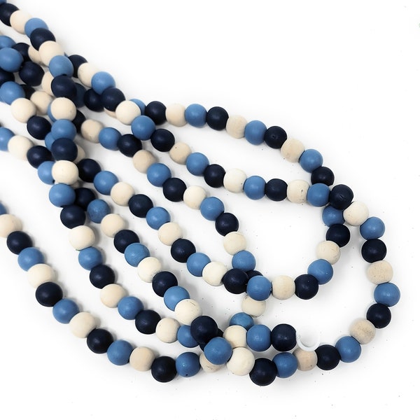 Navy, Sky and Natural Ivory Wooden Bead Garland, 12 Feet - Party Decor