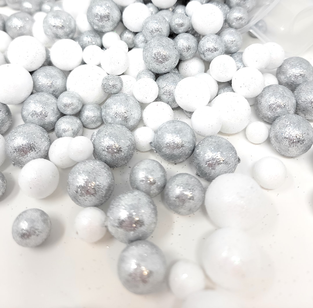 White and Silver Glitter Foam Ball Scatter, Vase or Bowl Filler 4 Cups