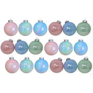 May include: A collection of eighteen spherical ornaments arranged in three rows. The ornaments feature a smooth, iridescent finish in pastel shades of pink, light blue, and mint green, each topped with a silver-colored metal cap for hanging.