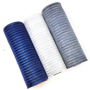 Texas Football Navy, White, Silver 10&quot; Decorative Metallic Deco Mesh Ribbon Rolls
