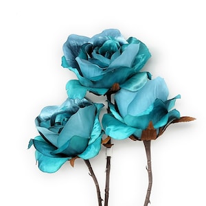 5&quot; Blooming Metallic Turquoise Blue Rose, Artificial Flower Stem, Floral Decor (Set of 3)