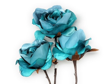 5" Blooming Metallic Turquoise Blue Rose, Artificial Flower Stem, Floral Decor (Set of 3)