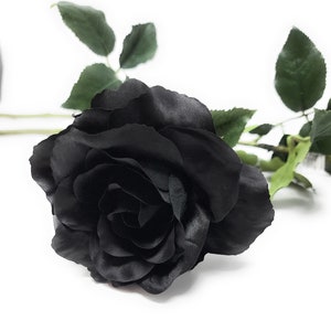 May include: A single black silk rose with green leaves.