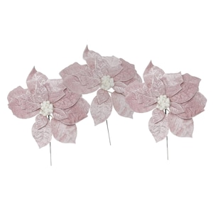 Light Pink Velvety Poinsettia Floral Picks, Vase Fill Christmas Stems (Set of 3)