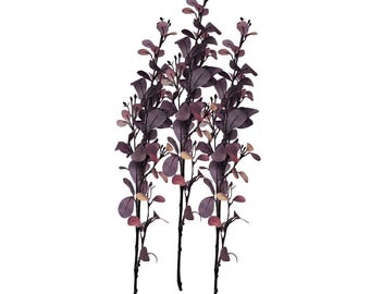 May include: Three sprigs of purple and pink artificial foliage with a white background.